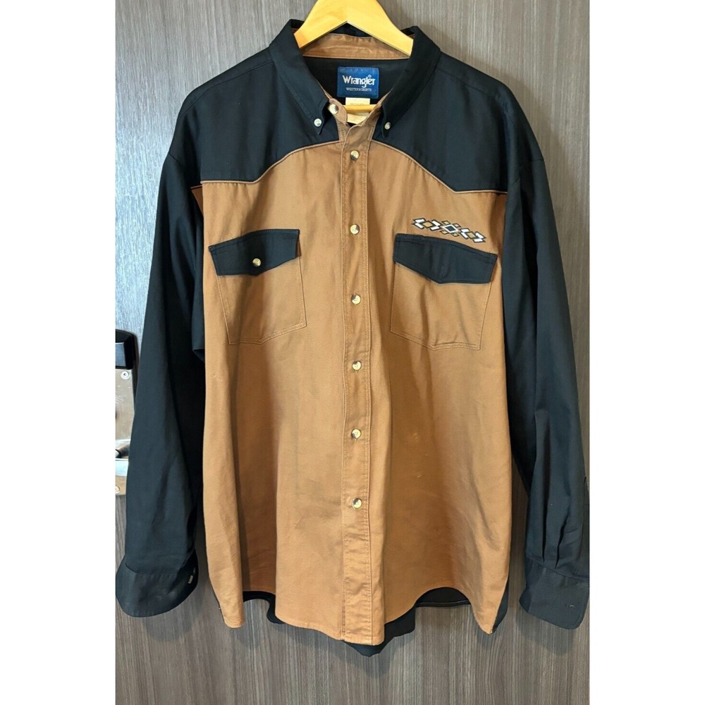 Wrangler Western Shirt Men's 2XL Black Brown Cotton‎ brushpopper Button-Down